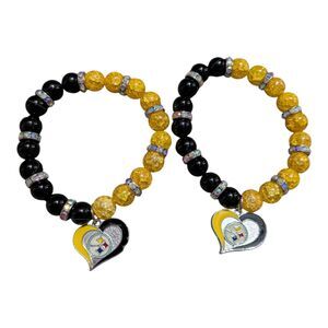 Pittsburgh Steelers Beaded Bracelet Set of 2 Black Gold Heart Charm